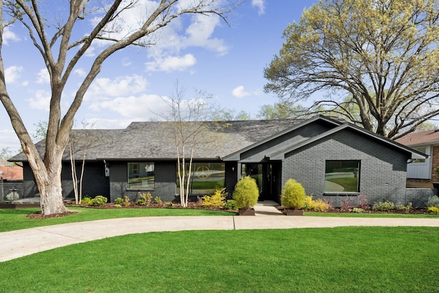 mid-century modern home featuring brick siding, curved driveway, a shingled roof, and a front lawn