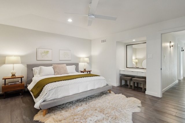 bedroom featuring a ceiling fan, baseboards, visible vents, recessed lighting, and hardwood / wood-style floors