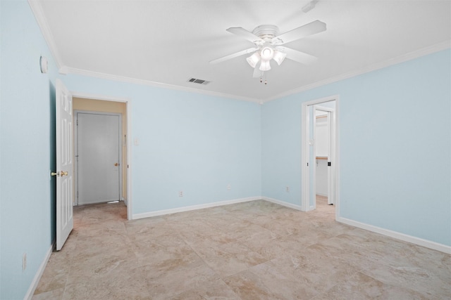 4629 Cripple Creek Rd, Haltom City, TX 76137 - spare room featuring baseboards, ornamental molding, a ceiling fan, and visible vents
