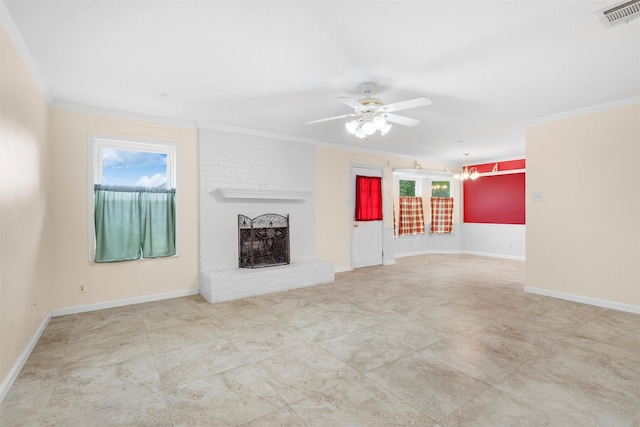 4629 Cripple Creek Rd, Haltom City, TX 76137 - unfurnished living room featuring visible vents, crown molding, a brick fireplace, a ceiling fan, and a wealth of natural light