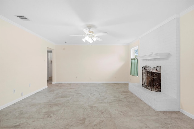 4629 Cripple Creek Rd, Haltom City, TX 76137 - unfurnished living room with ornamental molding, a fireplace, a ceiling fan, and visible vents