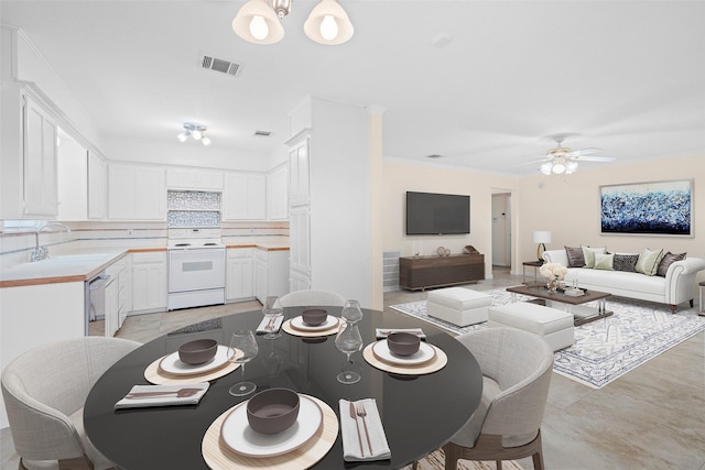 4629 Cripple Creek Rd, Haltom City, TX 76137 - dining area featuring ceiling fan, visible vents, and ornamental molding