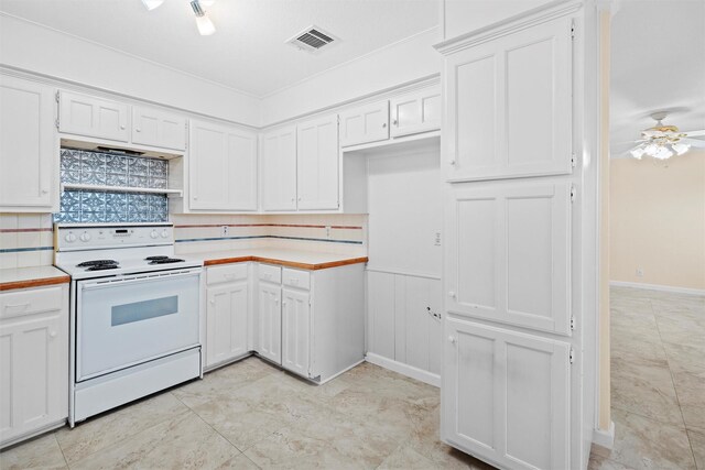 4629 Cripple Creek Rd, Haltom City, TX 76137 - kitchen featuring light countertops, white electric range oven, backsplash, and visible vents