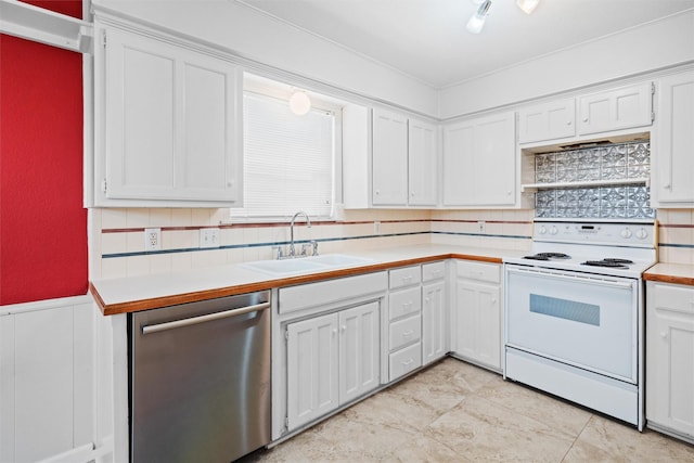 4629 Cripple Creek Rd, Haltom City, TX 76137 - kitchen with electric range, a sink, dishwasher, light countertops, and decorative backsplash