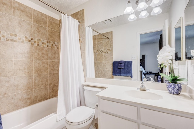 1201 High Valley Dr, Garland, TX 75041 - bathroom featuring shower / tub combo, toilet, a textured ceiling, ensuite bath, and vanity