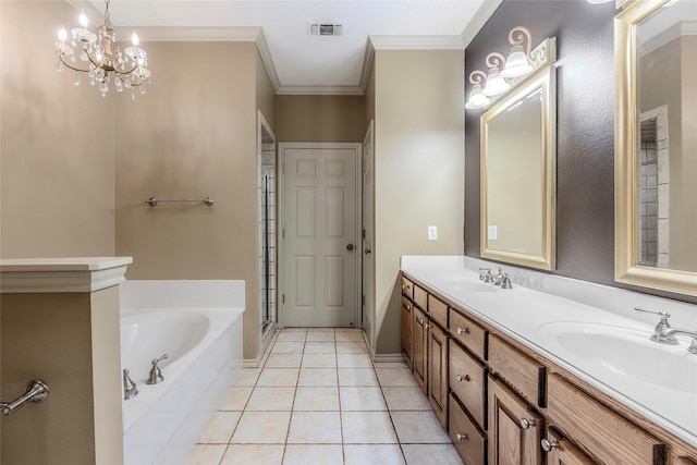 full bathroom featuring tile patterned flooring, ornamental molding, a sink, visible vents, and a bath