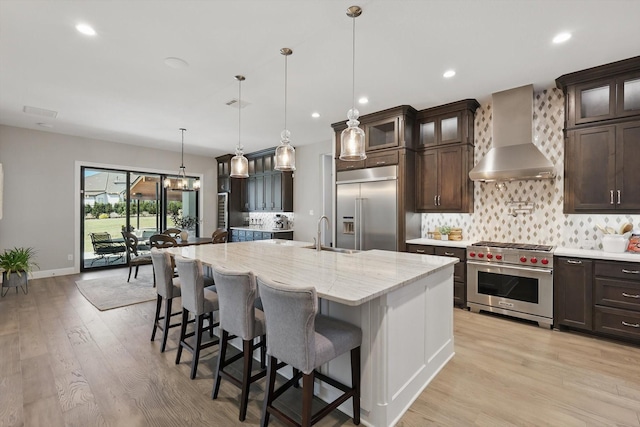3905 Dashiell Dr, Flower Mound, TX 75022 - kitchen featuring high quality appliances, wall chimney exhaust hood, a sink, dark brown cabinetry, and backsplash