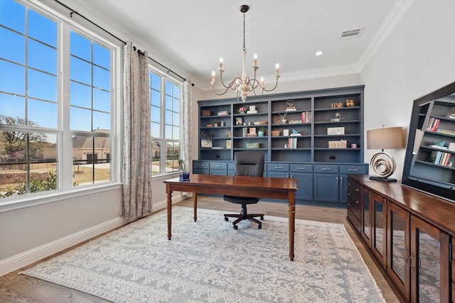 3905 Dashiell Dr, Flower Mound, TX 75022 - office featuring a chandelier, crown molding, baseboards, and light wood finished floors