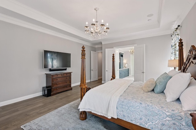 3905 Dashiell Dr, Flower Mound, TX 75022 - bedroom with a chandelier, a raised ceiling, wood finished floors, baseboards, and ornamental molding
