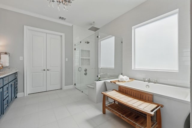 3905 Dashiell Dr, Flower Mound, TX 75022 - full bath featuring a stall shower, a bath, and ornamental molding
