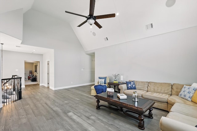 3905 Dashiell Dr, Flower Mound, TX 75022 - living area featuring high vaulted ceiling, a ceiling fan, wood finished floors, and baseboards