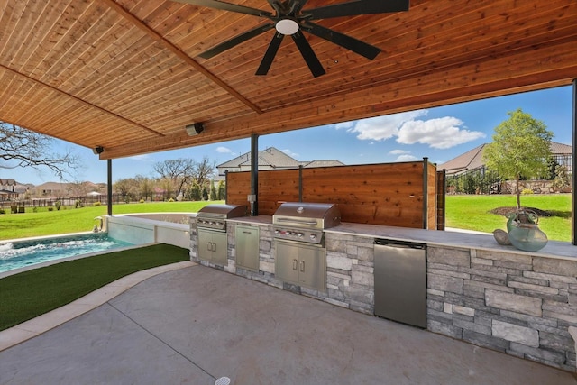 3905 Dashiell Dr, Flower Mound, TX 75022 - view of patio featuring grilling area, exterior kitchen, a ceiling fan, and an outdoor pool