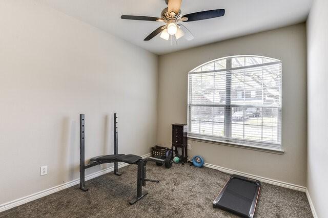 workout area with baseboards, carpet flooring, and a ceiling fan