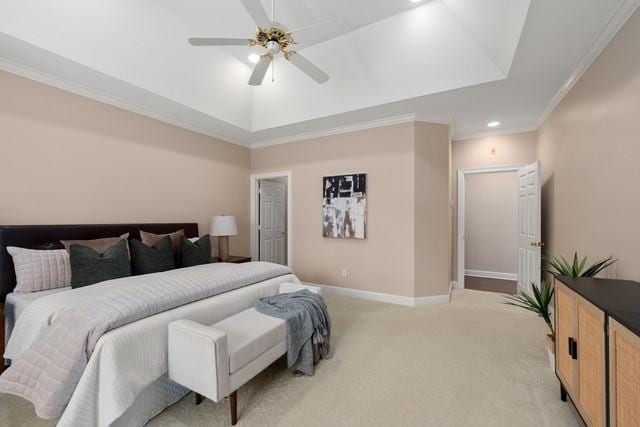 2034 Oak Glen Dr, Mcgregor, TX 76657 - bedroom featuring a raised ceiling, light carpet, ornamental molding, baseboards, and ceiling fan