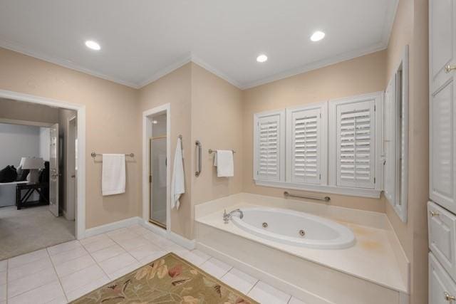 2034 Oak Glen Dr, Mcgregor, TX 76657 - full bathroom featuring a whirlpool tub, ornamental molding, tile patterned flooring, recessed lighting, and a stall shower