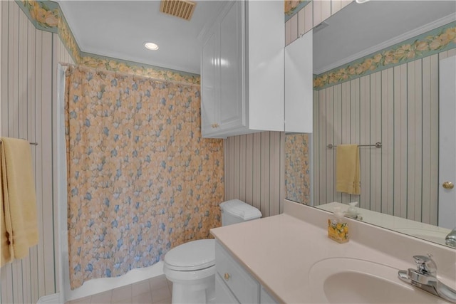 2034 Oak Glen Dr, Mcgregor, TX 76657 - full bathroom featuring vanity, toilet, tile patterned floors, a shower with shower curtain, and wallpapered walls