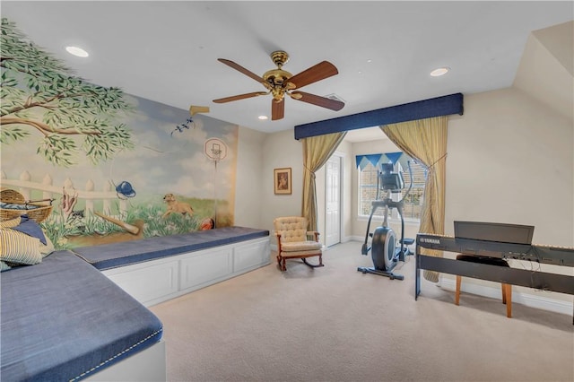 2034 Oak Glen Dr, Mcgregor, TX 76657 - sitting room with a ceiling fan, light carpet, recessed lighting, and baseboards
