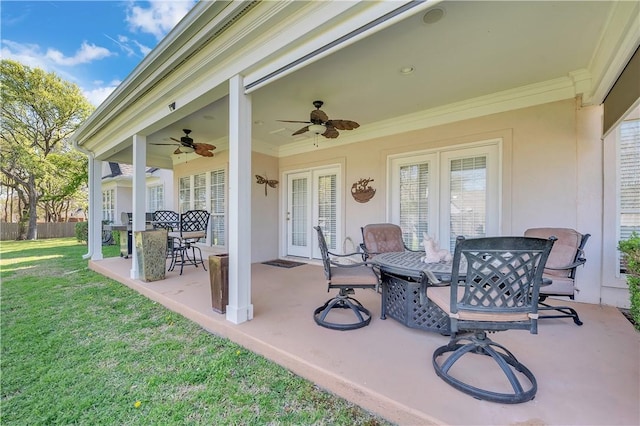2034 Oak Glen Dr, Mcgregor, TX 76657 - view of patio with french doors, a ceiling fan, and outdoor dining area