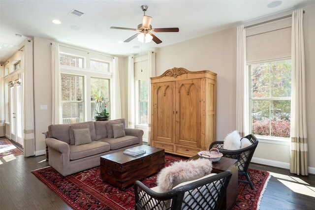 3703 Panalero Ln, Dallas, TX 75209 - living area featuring dark wood finished floors, a ceiling fan, baseboards, and recessed lighting