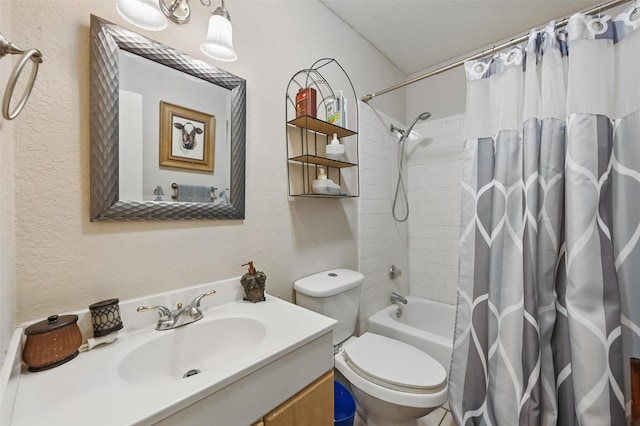 3217 Whatley Dr, Garland, TX 75043 - bathroom with vanity, shower / tub combo with curtain, toilet, and a textured wall