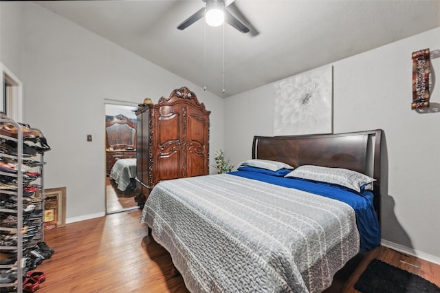 3217 Whatley Dr, Garland, TX 75043 - bedroom featuring wood finished floors, baseboards, vaulted ceiling, and a ceiling fan