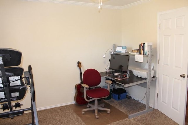 office area with ornamental molding and baseboards