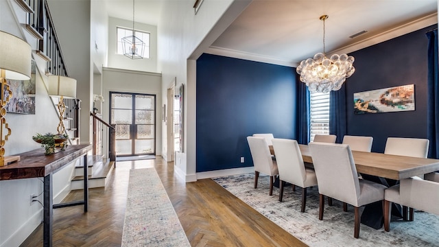 6023 Manderlay Dr, Frisco, TX 75034 - dining space featuring a chandelier, baseboards, and stairs