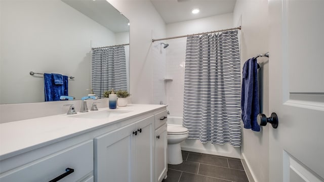 6023 Manderlay Dr, Frisco, TX 75034 - full bath with tile patterned floors, toilet, vanity, shower / tub combo with curtain, and recessed lighting
