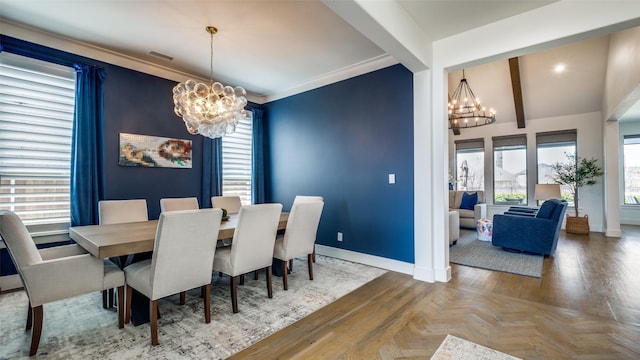 6023 Manderlay Dr, Frisco, TX 75034 - dining space with a chandelier, baseboards, plenty of natural light, and beamed ceiling