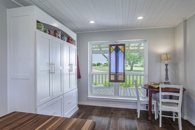 1125 Old Airport Rd, Weatherford, TX 76087 - dining area featuring dark wood-style flooring, wooden ceiling, baseboards, and recessed lighting