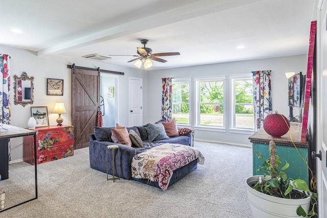 1125 Old Airport Rd, Weatherford, TX 76087 - carpeted living room featuring baseboards, ceiling fan, recessed lighting, beam ceiling, and a barn door