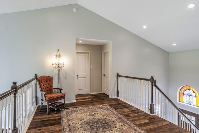 1125 Old Airport Rd, Weatherford, TX 76087 - hallway with high vaulted ceiling, an upstairs landing, wood finished floors, and recessed lighting