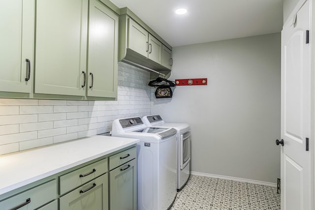 1125 Old Airport Rd, Weatherford, TX 76087 - laundry room with washing machine and clothes dryer, light floors, baseboards, cabinet space, and recessed lighting