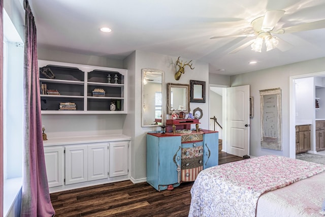 1125 Old Airport Rd, Weatherford, TX 76087 - bedroom with dark wood-style flooring, ceiling fan, ensuite bath, and recessed lighting