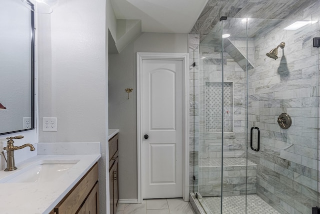 1125 Old Airport Rd, Weatherford, TX 76087 - bathroom featuring vanity, marble finish floor, and a shower stall