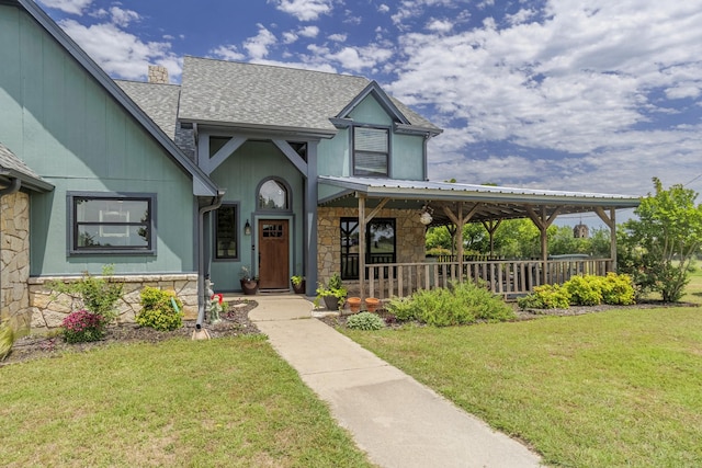 1125 Old Airport Rd, Weatherford, TX 76087 - view of front facade with stone siding, a front lawn, a porch, and roof with shingles