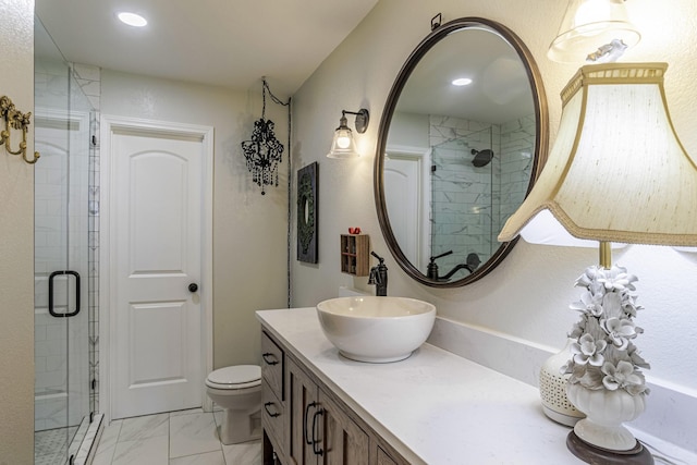 1125 Old Airport Rd, Weatherford, TX 76087 - bathroom featuring vanity, marble finish floor, toilet, and a shower stall
