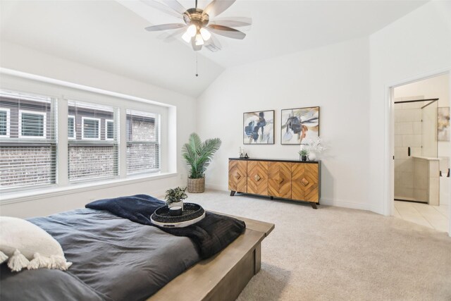 1236 Arrowwood Dr, Aubrey, TX 76227 - carpeted bedroom featuring baseboards, lofted ceiling, ceiling fan, and ensuite bath