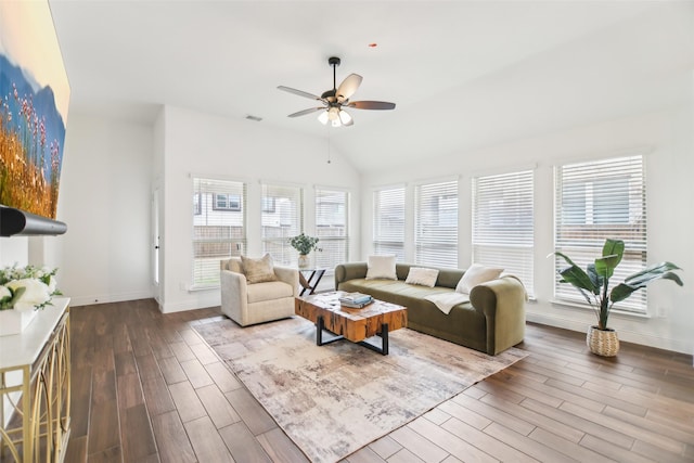 1236 Arrowwood Dr, Aubrey, TX 76227 - living room with lofted ceiling, wood finish floors, baseboards, visible vents, and a ceiling fan