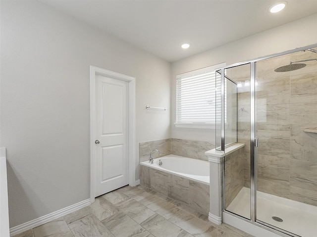 5024 Wilder Ave, Celina, TX 76227 - full bathroom with a stall shower, a garden tub, recessed lighting, and marble finish flooring
