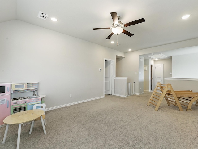 5024 Wilder Ave, Celina, TX 76227 - playroom with ceiling fan, light carpet, recessed lighting, baseboards, and lofted ceiling
