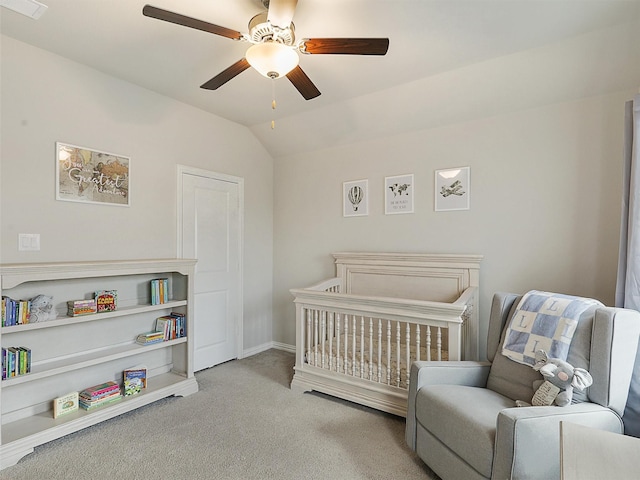 5024 Wilder Ave, Celina, TX 76227 - carpeted bedroom with a nursery area, lofted ceiling, a ceiling fan, and baseboards
