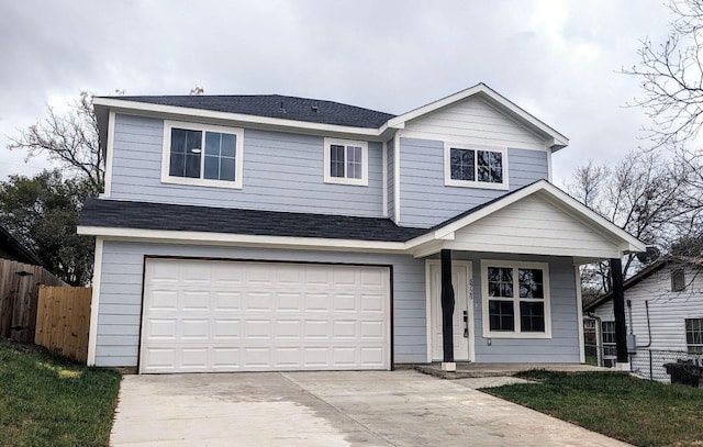 traditional-style home featuring concrete driveway, fence, a garage, a shingled roof, and a porch