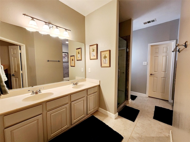bathroom with double vanity, a sink, a shower stall, and visible vents