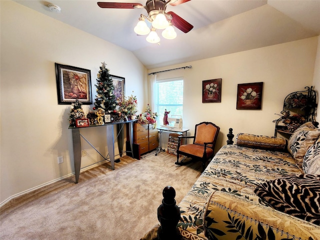 carpeted bedroom featuring lofted ceiling, ceiling fan, and baseboards