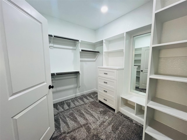 walk in closet featuring dark colored carpet