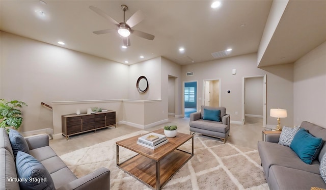 1051 Copper Canyon Dr, Prosper, TX 75078 - living room featuring a ceiling fan, light carpet, recessed lighting, and baseboards