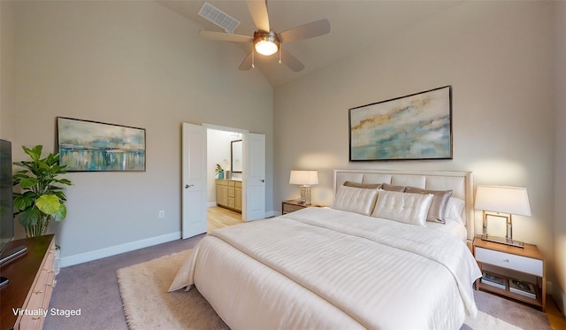 1051 Copper Canyon Dr, Prosper, TX 75078 - bedroom featuring high vaulted ceiling, light colored carpet, baseboards, ensuite bath, and a ceiling fan