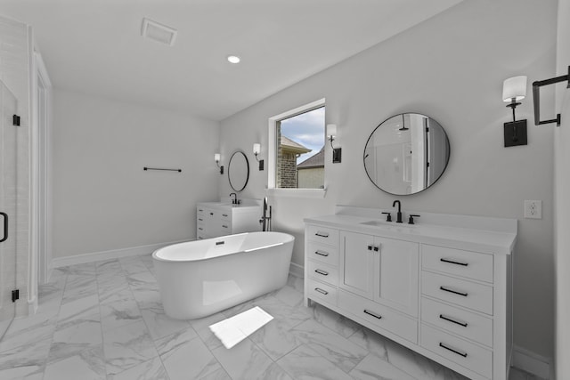 1330 Caleb Rd, Van Alstyne, TX 75495 - full bathroom with two vanities, a stall shower, marble finish flooring, a soaking tub, and recessed lighting
