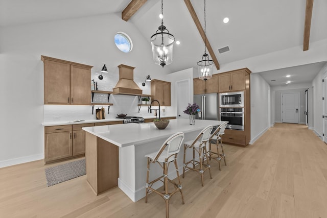 1330 Caleb Rd, Van Alstyne, TX 75495 - kitchen featuring appliances with stainless steel finishes, open shelves, beam ceiling, custom range hood, and brown cabinets